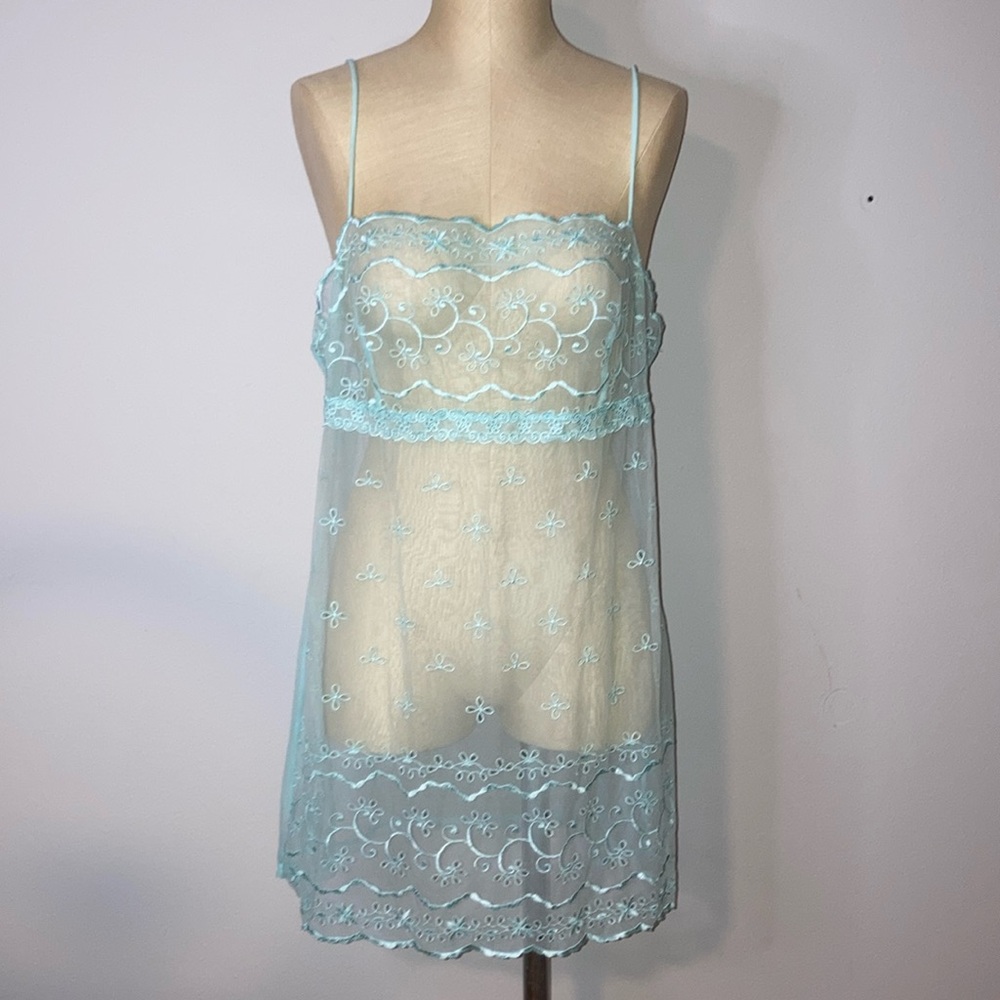 Victoria’s Secret Mini Slip  Dress Green Mint Sheer Nylon Embroidery Eyelets XL